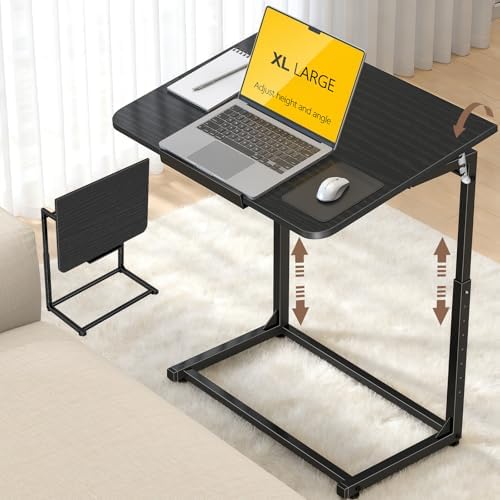 Extra Large Heavy Duty TV Tray Table, 23.6" Folding C-Shaped Laptop Desk for Couch & Bed, Height & Tilt Adjustable Overbed End Table with Phone/Tablet Slot, Easy Clean Black Finish for Small Spaces by Dataroad+Selead