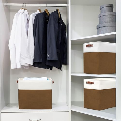 Bagnizer Large Fabric Storage Baskets | 50L Storage Bins, Decorative Linen Closet Baskets with Handles for Organizing, Shelf, Toys, Clothes, Home, Office, Nursery, 17x12x15Inches (Brown&White) - Image 2