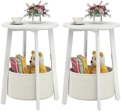 sthmec Small Round Side End Table Set of 2 with Cloth Storage Basket, Round Bedside Sofa Couch Coffee Tables for Small Places with Metal Frame, Modern Nighstands for Living Room Bedroom,White by Unknown