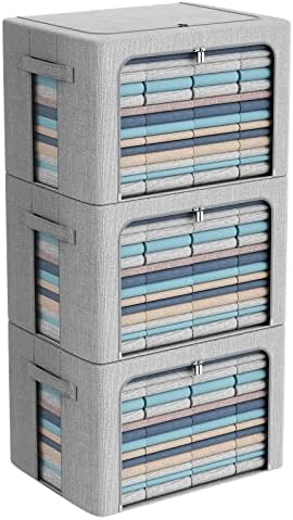 CYhom 3Pack Foldable Storage Bins - Frame Storage Box Linen Fabric Stackable Clothes Container Organizer with Clear Window & Carry Handles Large Capacity (Extra Large-100L, Light Grey) by CYhom