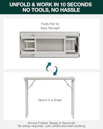 Frylr Small Folding Computer Desk – 35.8 Inch Portable Table for Craft and Study, Lightweight Desk for Small Spaces, Foldable Laptop Table Built-in AC/USB Outlets for Convenience, White Ash - Image 3