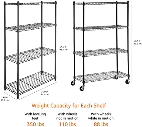 Amazon Basics 4-Shelf Heavy Duty Garage Shelving Storage Unit on 3" Wheel Casters, Adjustable Metal Wire Rack with Leveling Feet, 36" x 14" x 57.75", Black - Image 3