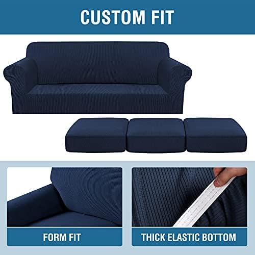 H.VERSAILTEX 4 Piece Stretch Sofa Covers for 3 Cushion Couch Covers for Living Room Furniture Slipcovers (Base Cover Plus 3 Seat Cushion Covers) Upgraded Thicker Jacquard Fabric (Sofa, Navy) - Image 4