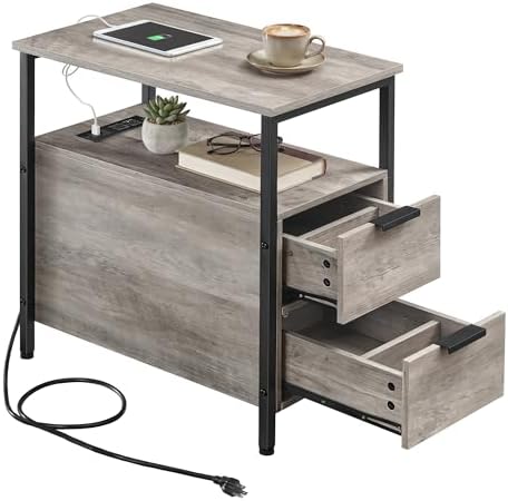 VASAGLE Side End Table with Charging Station, Slim Nightstand with Storage by Unknown