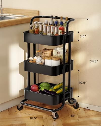 Pipishell Metal 3 Tier Rolling Cart with Handle & 2 Lockable Wheels, Black - Image 5