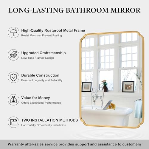 Ferytange 36 x 48 Inch Gold Bathroom Vanity Mirror for Wall with Non-Rusting Metal Frame Large Rounded Rectangle Mirror for Over Sink (Horizontal/Vertical) - Image 3
