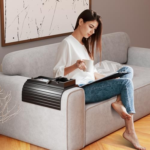 Bestjing Bamboo Couch Armrest Table with Cup Holder Tray (Black) - Image 6