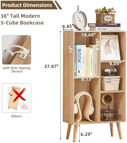 LEYAOYAO 5 Cube Bookshelf,Mid-Century Modern Bookcase with Legs,Light Wood - Image 2