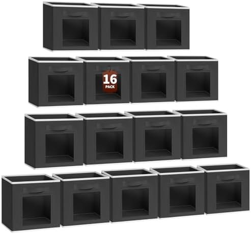 Homsorout Foldable Storage Cubes - Square Organizer with Window, Decorative Baskets for Organizing, Fabric shelf Basket for Clothes, 11 Inch Closet Storage Cubes, Set of 16, Black by Homsorout
