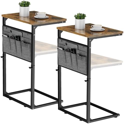 Vagusicc C Shaped End Table, Set of 2 Tall Side Table for Couch, Adjustable Height Small Couch Side Table for Small Spaces, End Table Slide Under Sofa Table TV Tray Arm Table for Living Room, Brown by Vagusicc