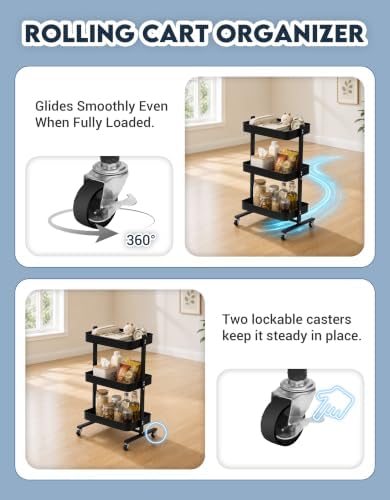 ZOES HOMEWARE 3 Tier Metal Rolling Cart by T-Frame Design on Wheels,Black - Image 3