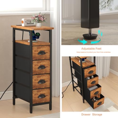 sthmec Side Table with Charging Station, Narrow End Table with 4 Drawers, LED Nightstands with Fabric Drawers,Slim Sofa Couch Side Tables for Small Spaces,Living Room,Bedroom,Rustics Brown - Image 6