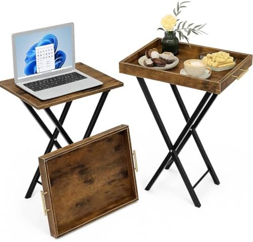 Folding TV Tray Tables, Set of 2 Side Table for Small Place, Snack Eating Tables at Couch, Folding Tables with Removable Serving Tray, Rustic Brown by HMFOR