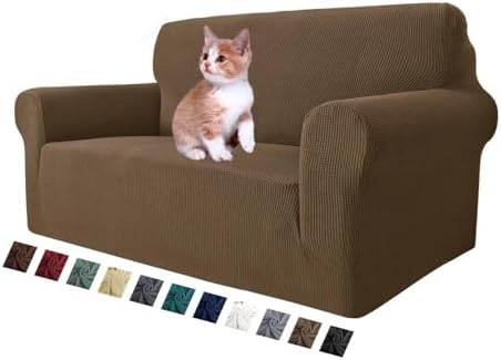 MAXIJIN Stretch Loveseat Sofa Slipcovers 1 piece Love Seat Couch Covers for 2 Cushion Couch Non Slip Sofa Cover Washable Dog Cat Proof Furniture Protector Pet Friendly (Loveseat, Brown) by MAXIJIN
