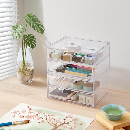 STORi Stackable Desk Drawer Organizer, Clear Pen Pencil Makeup Brush Holder for Desktops and Vanities, 4 Wide Drawers (Made in USA) - Image 3