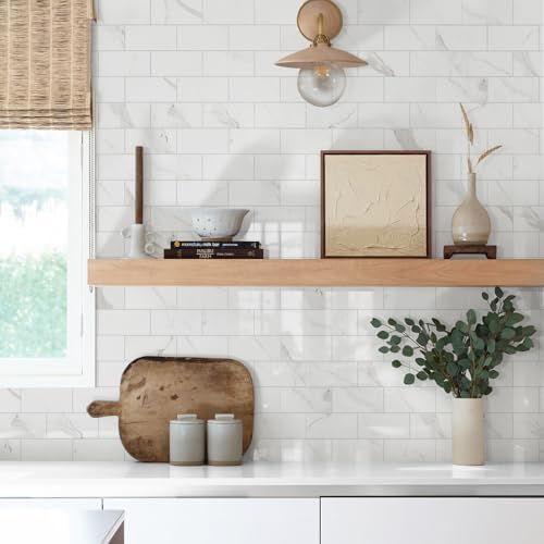 Vamos Tile 100-Piece Peel and Stick Backsplash Seamless Tile,3''x6'' Glossy Statury White Marble with White Grout PVC Subway Tile,Stick on Backsplash for Kitchen/Bathroom/Laundry Room - Image 6
