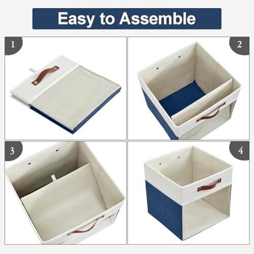 Bagnizer Storage Cubes, 4 Pack Linen Foldable Storage Bins (13 x 13 inch) with Clear Window and Handles, Fabric Organizer for Shelf Closet, Clothes, Books - (Navy Blue and White) - Image 3