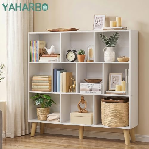 YAHARBO 10 Cube White Bookshelf,3 Tier Book Shelf with Legs,Modern Minimalist Bookcase,Open Book Shelves Storage Organizer,Frees Standing Wooden Display Bookcases for Small Space,Bedroom,Living Room - Image 3