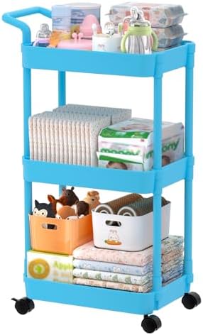 Volnamal Diaper Caddy, 3 Tier Rolling Cart for Baby Essentials, Blue by Volnamal