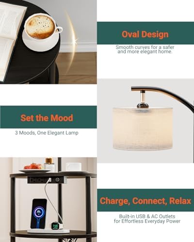 Round Side Table with Lamp and USB Ports, 3-Tier Small End Table for Living Room & Bedroom, Rustic Wood Metal Nightstand for Small Spaces, Easy to Assemble, Charcoal Wenge - Image 5