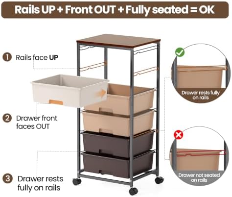 6 Drawer Rolling Storage Cart with Wooden Top and Wheels for Crafts,Brown - Image 6