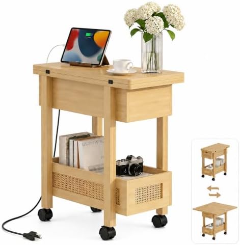YOSHOOT Narrow End Table with Charging Station, Small Bedside Table by YOSHOOT