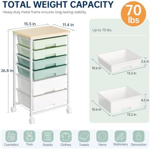 Delamu Rolling Storage Cart with 6 Drawers, Utility Craft Storage Cart - Image 2