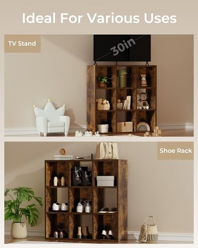 GTPLAYER 9-Cube Storage Organizer, Fits 11" Bins, Vertical or Horizontal Use, Opening Bookshelf, Partial Back Panels, Design Bookcase, for Living Room, Media Console, Hallway, Rustic Brown - Image 5