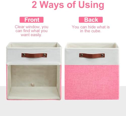 Bagnizer Storage Cubes, 4 Pack Linen Foldable Storage Bins (13 x 13 inch) with Clear Window and Handles, Fabric Organizer for Shelf Closet, Clothes, Books - (Pink and White) - Image 7