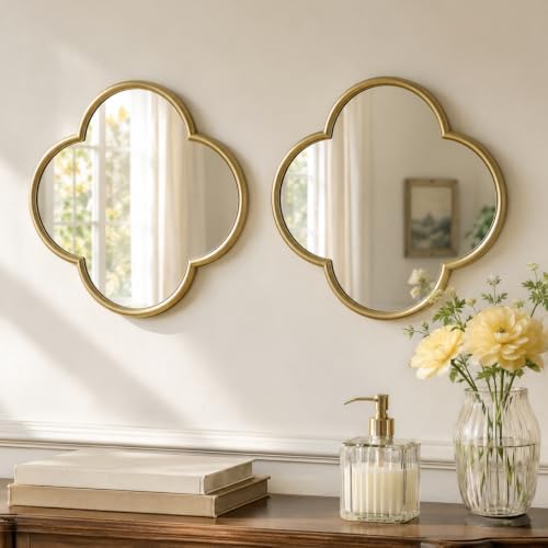 2 Pack Clover Wall Mirrors, Real Glass Decorative Mirrors with Metal Frame, 12" Small Four Leaf Clover Shaped Mirror for Wall Decor, HD Clarity Vanity Mirror Tiles for Bedroom, Living Room by OPULINEA