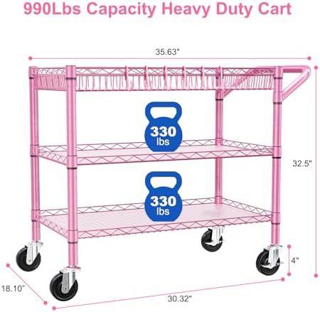 WDT Pink Rolling Utility Cart with Wheels, 990Lbs Heavy Duty Metal Cart with Handle & Shelf Liners, NSF Certified 3-Tier Storage Trolley for Esthetician, Kitchen, Salon & Craft Room, Pink - Image 4