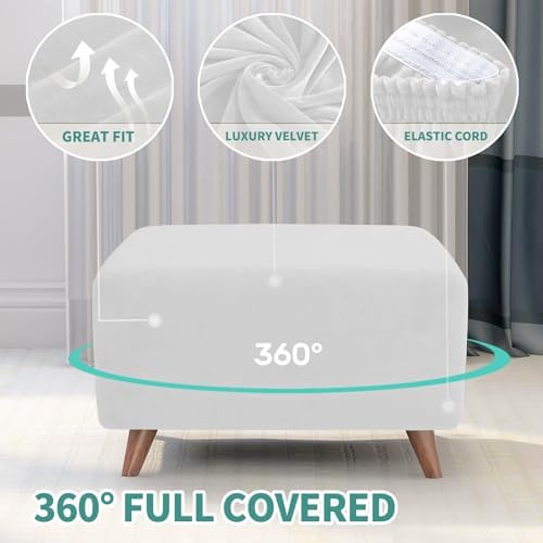 MAXIJIN Velvet Ottoman Slipcover Stretch Square Rectangle Footstool Slipcover Folding Storage Ottoman Covers for Living Room with Elastic Bottom (Ottoman Large, White) - Image 4