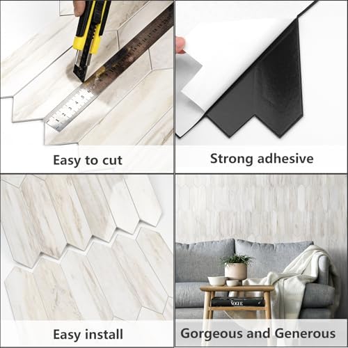 Vamos Tile 1 Sheet Glossy Wood Marble Grain Backsplash Tile Peel and Stick, 12.8 x 12.8 Inch Long Hexagon PVC Self Adhesive Mosaic Wall Tiles Stick on Backsplash for Kitchen,Bathroom,Fireplace - Image 5