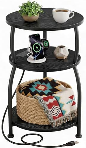 Round Side Table with Power Outlet, USB Type C Port, 3-Tier End Table by designyourhome
