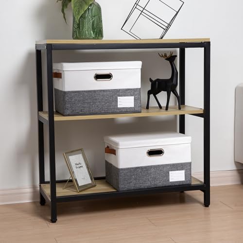 PRANDOM Foldable Storage Bins with Lids [3-Pack] Fabric Collapsible Storage Boxes Baskets Cubes Containers with Handles for Closet Living Room Bedroom (Grey & White 14.9x9.8x9.8'') - Image 2