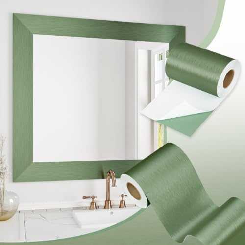 Sage Green Brushed Metallic Wallpaper Border Peel and Stick Trim | Metal Look Mirror Frame Border Self Adhesive Waterproof Contact Paper Bulletin Board Borders Wall Line Bathroom 3.94"x 197" by Wallderful