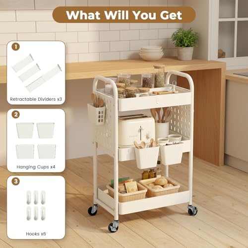 danpinera Craft Cart, Black Rolling Cart with Retractable Dividers & DIY Pegboards for Kitchen, Bedroom, Laundry - Image 3