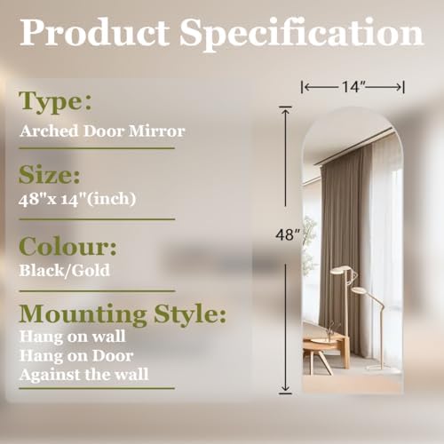 BEAUTYPEAK Arched Full Length Over The Door Mirror 14" x 48",Silver - Image 6