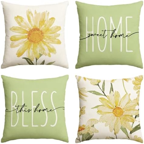 AVOIN colorlife Home Sweet Home Spring Summer Flowers Green Throw Pillow Covers, 18 x 18 Inch Cushion Case for Sofa Couch Set of 4 by AVOINcolorlife