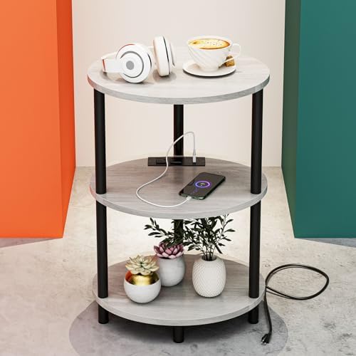 Small Round Side Table - 3-Tier Oval Accent Table for Small Spaces, Rustic Wood and Metal Nightstand for Living Room or Bedroom, Built-in USB Ports and Power Outlet, Greige by RISWER