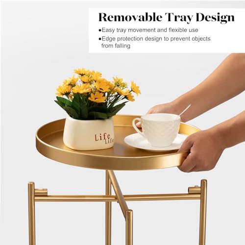 TeoKJ 2 Tier Round Side Table, Folding Metal Small Bedside Nightstand for with Two Removable Tray for Bedroom Living Room Bedside Small Spaces Gold X2 - Image 5