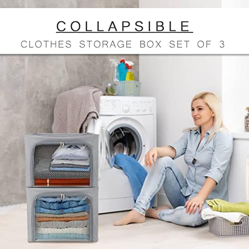 Stackable Clothes Storage Box for Clothing Gadgets,Steel Frame Storage Bins for Toys Gift,Foldable Oxford Fabric Closet Organizer Bag Set w/ Carry Handles Clear Window (Medium- 40L x3 Pack, Grey) - Image 6