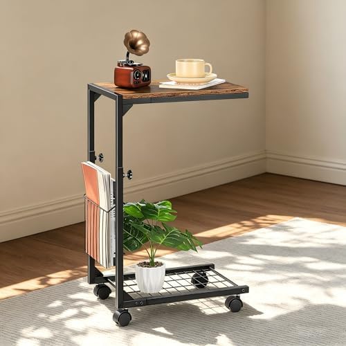 C Shaped Side Table Small End Table with Wheels Slide Under Couch Table for Sofa C Table with Metal Frame Adjustable Height Sofa Table for Living Room Bedroom Small Space, Rustic Brown by Makelifemoreconvenient