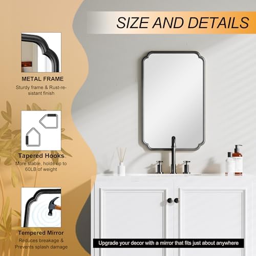 Ferytange 22x34 Inch Black Bathroom Mirror, Metal Framed Wall Mirror with Rounded Edges, Rustproof Horizontal Vertical Hanging for Vanity Over Sink - Image 6