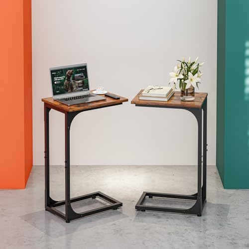 C-Shaped Side Table for Couch - Small Coffee Stand Sofa Tray Desk with Metal Frame and Waterproof Scratch Resistant, Modern End Accent for Living Room, Bedroom, Set of 2, Rustic Brown by RISWER