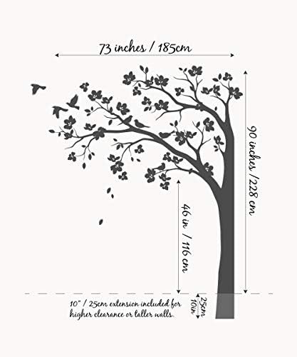 Large Corner Tree Wall Decal with Big Blossoms, Birds and Leaves Nursery Wall Art Sticker Mural 087 (Leaning Left, All Black) - Image 2