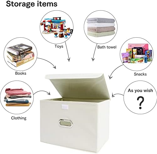 Fabric Foldable Collapsible Storage Cube Bin Organizer Basket with Lid, Handles, Removable Divider for Home, Closet (Creamy-White, 6Pcs) - Image 3