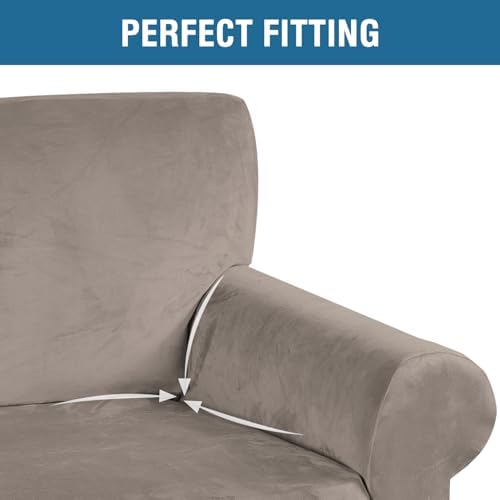 H.VERSAILTEX Stretch Velvet Sofa Covers for 3 Cushion Couch Covers Furniture Protector Soft with Non Slip Elastic Bottom, Crafted from Thick Comfy Rich Velour (Large Sofa 90"-97", Taupe) - Image 4