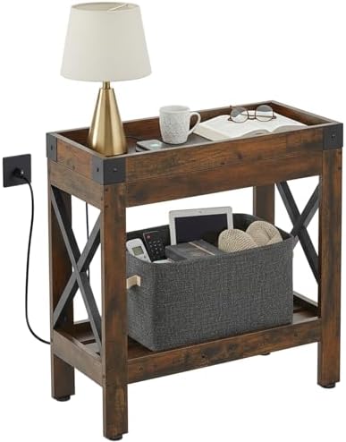 Narrow End Table, Rustic Brown, Industrial Style by Zexvida