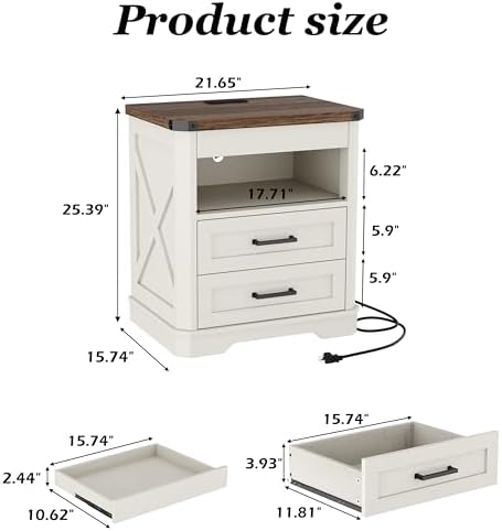 Yusong Farmhouse Night Stand with Gun Drawer & Invisible Lock, Rustic Wooden Night Stand with Charging Station, Beside Table with Drawers and Open Storage, End Tables for Bedroom, (White 004) - Image 2